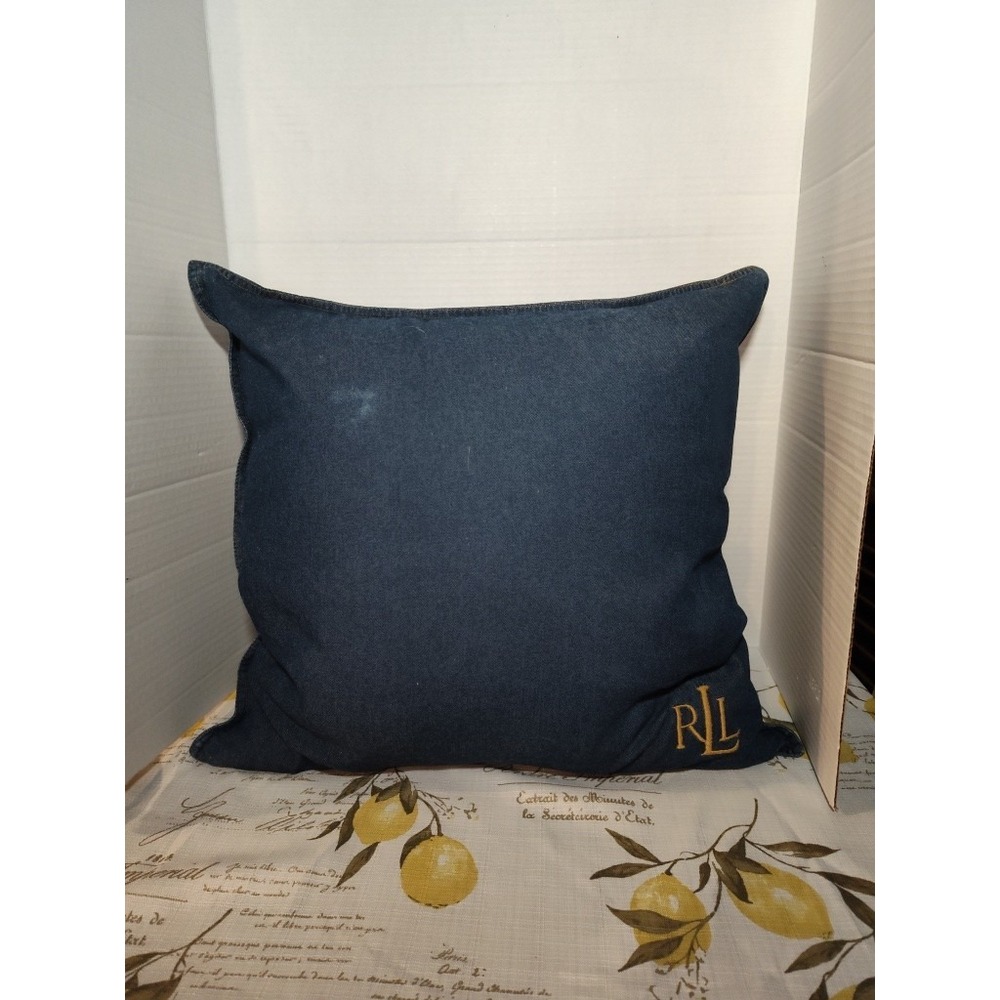 Ralph Lauren Dark Blue Denim Down Throw Pillow Gold Logo Zipper